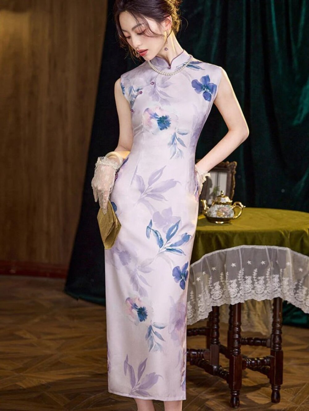 New Purple Floral Print Sleeveless Qipao Cheongsam Dress